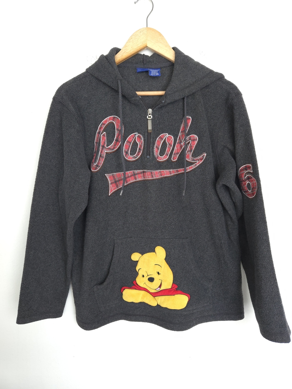 Vintage Disney Store Winnie the Pooh Plaid Fleece Quarter Zip Hoodie Gray Size M